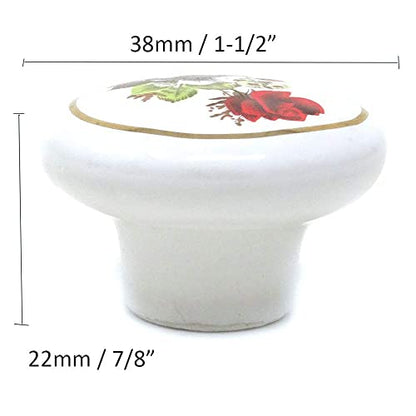 6Pcs 1-1/2 inch Hand Painted Ceramic Knobs Kitchen Cabinet Retro Vintage Door Drawer Handles Pulls for Dresser Cupboard Wardrobe (Red Rose)
