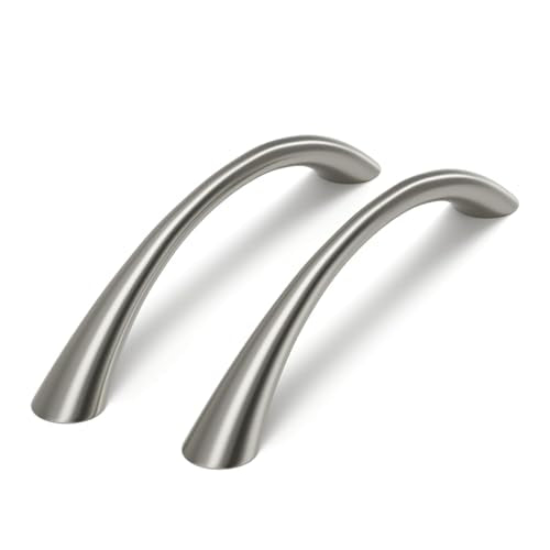Goldenwarm Curved Cabinet Handles, 5 Inch 25 Pack Brushed Nickel Drawer Pulls, Solid Zinc Alloy Hardware for Dresser Drawer, Smooth Edge and Screws Included - color: Brushed Satin Nickel, size: 5 inch hole center