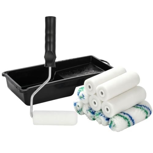 VINATO Paint Roller Set 12 Pieces | 5 x Foam & 5 x Microfibre Rollers | 1 x Roller Frame & 1 x Paint Tray | Painting Set for Wall Paint, Varnishes & Renovation | For Furniture, Wood & Doors, Black