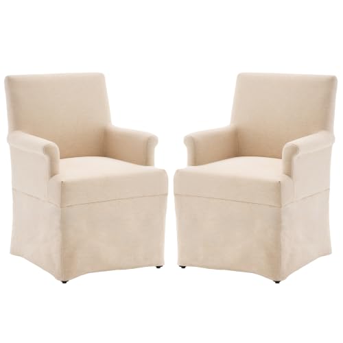 Arm Dining Chair Fabric Long Skirt Slipcovered High Back Upholstered Dinner - color: Beige, size: 2 PCS