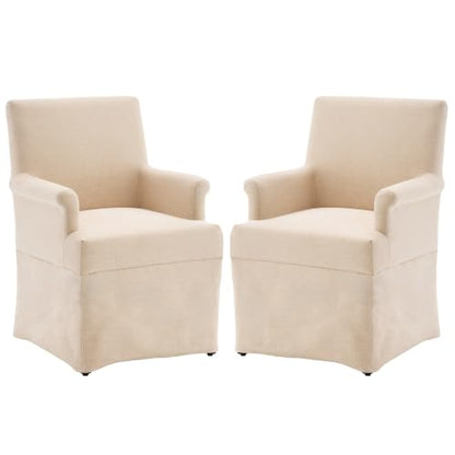 Arm Dining Chair Fabric Long Skirt Slipcovered High Back Upholstered Dinner - color: Beige, size: 2 PCS