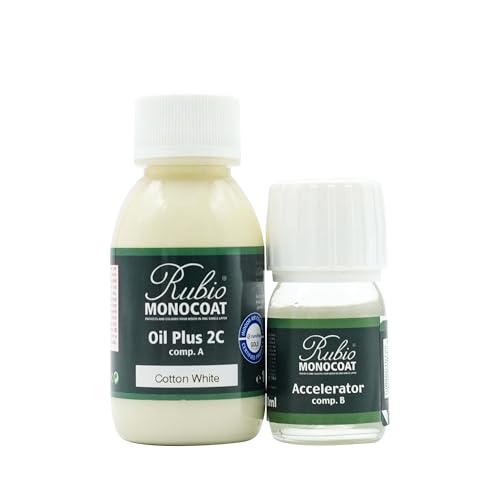 Rubio Monocoat Wood Stain & Finish 65 ft² | Oil Plus 2C | Quick-Dry, Eco-Friendly Linseed Wood Oil for Indoor Use, Includes Accelerator (Part B) | Protector | 130 ml, Cotton White - color: Cotton White, size: 130 ml