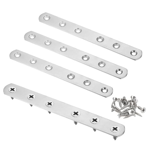 HARFINGTON 4pcs Straight Bracket 6.5" x 0.8" Stainless Steel Flat Fixing Brackets Mending Plate Corner Brace Connector with 24 Screws for Wood Board Bed Frame Furniture Shelves, Silver - size: 6.5" x 0.8"