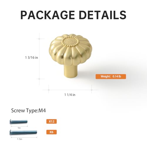 12 Pack Elegant Golden Floral Brushed Brass Cabinet Knobs, Bloom Drawer Pulls for Kitchen, Dresser Cabinet Hardware for Bedroom, 1-1/4 Inches Diameter Handles - color: Brushed Brass