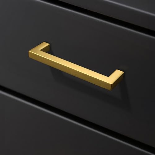 KNOBWELL 20Pack 5 Inch Brushed Gold Cabinet Pulls Stainless Steel Kitchen Cabinet Handles Square Drawer Pulls Modern Cabinet Hardware Handles，128mm Hole Centers - color: Brushed Gold, size: Hole Center:5 inch(128mm)