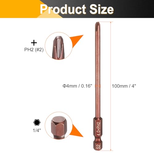 HARFINGTON 5pcs #2 Phillips Screwdriver Bit PH2 1/4" Hex Shank 4" (100mm) Long 0.16" Rod Magnetic Cross Head Drive Drill Bits S2 Steel Industrial Screw Driver Electric Power Tool, Brown - size: PH2 x 4" x 0.16"