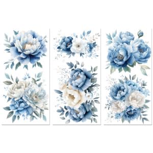 Peacoblue Blue and White Peony Rub On Transfers for Furniture Craft 6"x12" - style: Blue and White Peony