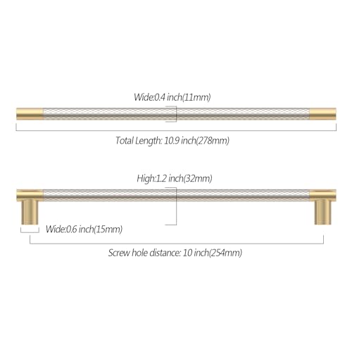 Asidrama 10 Pack 10 Inch(254mm) Knurled Gold and Brush Satin Nickel Kitchen Cabinet Handles, Gold Cabinet Pulls Kitchen Cabinet Hardware Cupboard Handles Drawer Pulls 4496A - color: Gold-Nickel, size: 10" Hole Center(254mm)