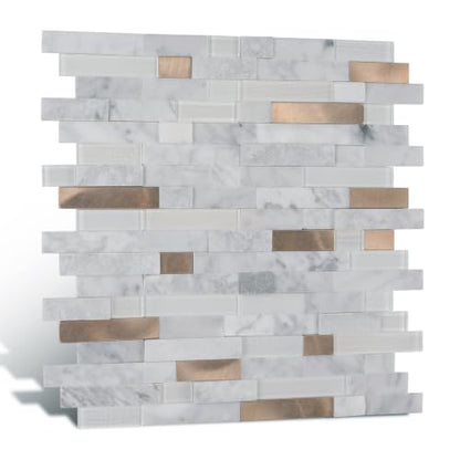 Nicesungdeco 3D Natural Real Stone Peel and Stick Mosaic Backsplash Tiles, 12" x 12" 5-Sheet Backsplash Self Adhesive Tiles for Kitchen Fireplace Vanity (White Gold) - color: WHITE GOLD