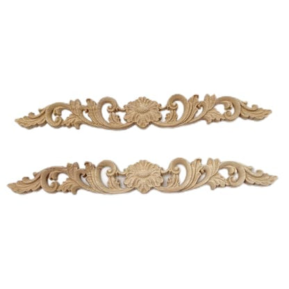 2Pcs Wood Carved Onlays Flower Long Appliques, Unpainted Ornate Details Wooden Carvings Decals for Door Cabinet Wall Bed Dresser Fireplace Ceiling Cupboard Stairs European Decor, 30x4cm/11.81x1.57in - size: 30x4cm/11.81x1.57in