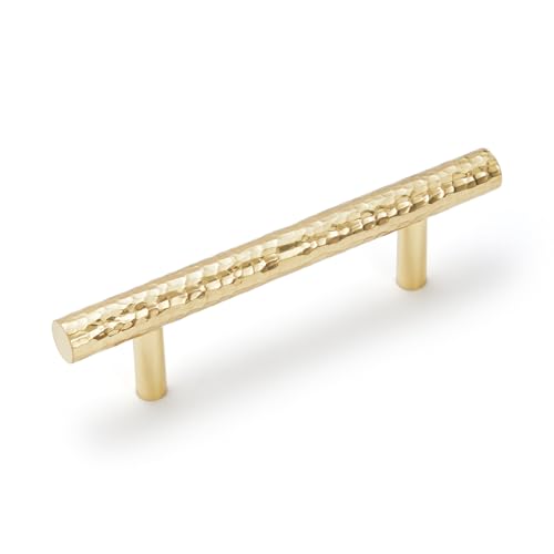 6-Pack Solid Brass Kitchen Cabinet Pulls, Gold Modern T-Bar Handles, 3-Inch Hole Center Hammered Handles for Dresser Drawer Cupboard, 4-13/16 Inch Total Length, Polished Finish - size: 3 Inch(76mm) Hole Centers