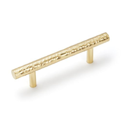 6-Pack Solid Brass Kitchen Cabinet Pulls, Gold Modern T-Bar Handles, 3-Inch Hole Center Hammered Handles for Dresser Drawer Cupboard, 4-13/16 Inch Total Length, Polished Finish - size: 3 Inch(76mm) Hole Centers