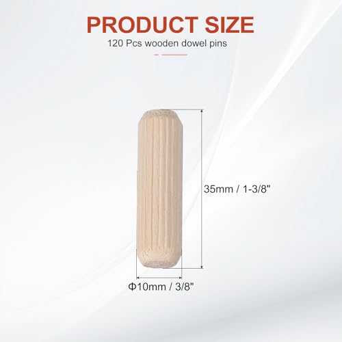 MECCANIXITY Wooden Dowel Pins 3/8" x 1-3/8" (10mm x 35mm) Straight Dowel Rods Wood Fluted Dowels Rods for Crafts Furniture DIY Hardwood Count 120 - size: 3/8" x 1-3/8"