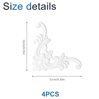 INCREWAY 4PCS Unpainted PVC Corner Wall Molding, French Style Medallion, Wainscoting Accent Panel for Ceiling Cabinet Door Bed Dresser Mirror Furniture (11cm, Leaf Pattern)