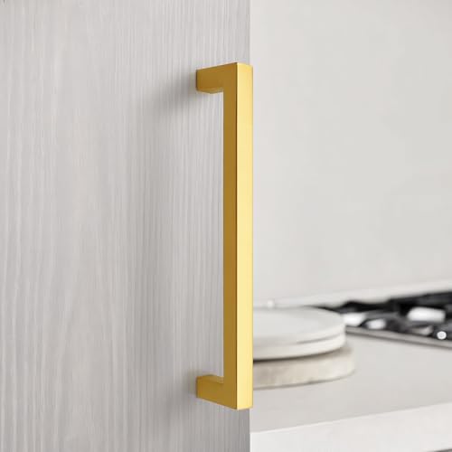 KNOBWELL 20Pack 6-3/10 Inch Brushed Gold Cabinet Pulls Stainless Steel Kitchen Cabinet Handles Square Drawer Pulls Modern Cabinet Hardware Handles，160mm Hole Centers - color: Brushed Gold, size: Hole Center:6-3/10 inch(160mm)