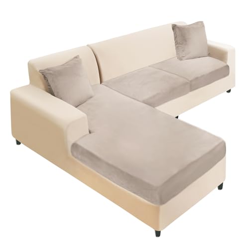 NAISI Sectional Couch Cover 3 Pieces Velvet Separate Couch Cushion Covers L Shape Soft Stretch Sofa Slipcovers with 2pcs Pillowcases for Left/Right Chaise Sectional Couch(2 Seater+1 Chaise,Taupe) - color: Taupe, size: 2 Seater + 1 Chaise