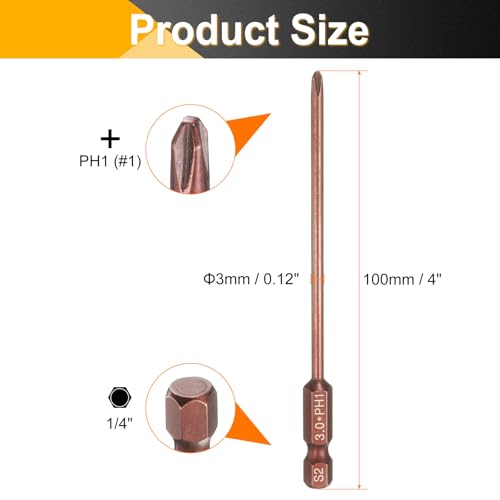 HARFINGTON 5pcs #1 Phillips Screwdriver Bit PH1 1/4" Hex Shank 4" (100mm) Long 0.12" Rod Magnetic Cross Head Drive Drill Bits S2 Steel Industrial Screw Driver Electric Power Tool, Brown - size: PH1 x 4" x 0.12"