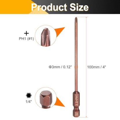 HARFINGTON 5pcs #1 Phillips Screwdriver Bit PH1 1/4" Hex Shank 4" (100mm) Long 0.12" Rod Magnetic Cross Head Drive Drill Bits S2 Steel Industrial Screw Driver Electric Power Tool, Brown - size: PH1 x 4" x 0.12"
