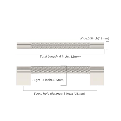 Asidrama 10 Pack 5 inch Brushed Satin Nickel Knurled Cabinet Handles - color: Brushed Satin Nickel, size: 5" Hole Center(128mm)
