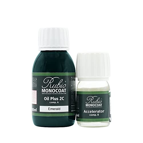 Rubio Monocoat Wood Stain & Finish 65 ft² | Oil Plus 2C | Quick-Dry, Eco-Friendly Linseed Wood Oil for Indoor Use, Includes Accelerator (Part B) | Protector | 130 ml, Emerald - color: Emerald, size: 130 ml