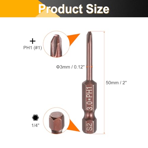 HARFINGTON 5pcs #1 Phillips Screwdriver Bit PH1 1/4" Hex Shank 2" (50mm) Long 0.12" Rod Magnetic Cross Head Drive Drill Bits S2 Steel Industrial Screw Driver Electric Power Tool, Brown - size: PH1 x 2" x 0.12"