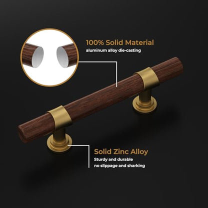 Haliwu 10 Pack 3 inch Hole Center Wood Grain and Gold Cabinet Pulls Gold Kitchen Hardware Handles 2 Tone Barrel Cabinet Drawer Pulls - color: Walnut Wood Grain& Matte Gold, size: 76mm (3 inch) Hole Center Spacing