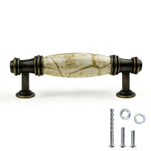 10 pcs Antique Brass Cabinet Drawer Pulls with Brown Marble Ceramic Handles and 3 inch Hole Centers for Cabinets, Drawers, Dressers, Trays - color: Antique Brass-Brown, size: 3 inch (76mm)
