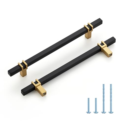 HOME EDIT 6-1/4 inch Cabinet Handles, 10 Pack Kitchen Cabinet Handles Matte Black and Gold Drawer Pulls Zinc Alloy Square Bar Kitchen Pulls - color: Black and Gold, size: 6-1/4 Inch Hole Center