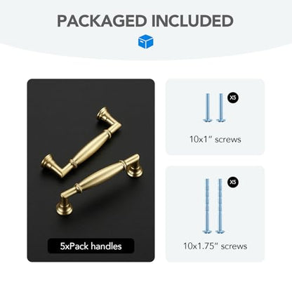 HOME EDIT Brushed Gold Cabinet Handles 3-1/2 Inch Pulls 5 Pack - color: Brushed Gold, size: 3-1/2 inches Hole Center