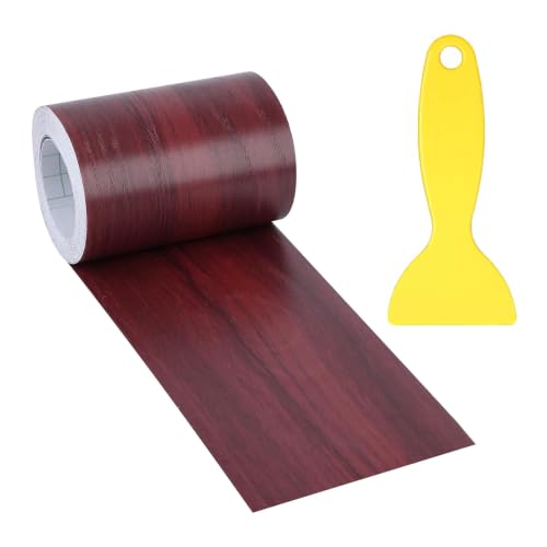 4" X33' Size Realistic Wood Grain Repair Tape, Self Adhesive Wood Grain Repair Patch for Tables, Chairs, Doors, Windows, Floors, Furniture Renovation, Handicraft DIY. & Plastic Scraper. Red Wood - color: Red