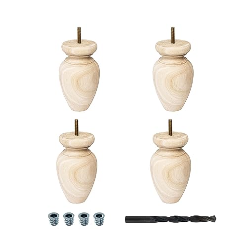 OUTWATER 5-1/2 in. H x 3-1/4 in. Dia Unfinished Solid Hardwood Bun Foot Leg for Furniture 4 Pack with 4 Free Insert Nuts and Drill Bit - color: Unfinished