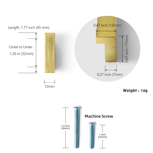 Goo-Ki 12pcs Cabinet Handles Brushed Gold Finger Pulls Drawer Pull - 1-1/4 in (32mm) Hole Centers Kitchen Hardware Bar Cabinet Pulls Solid Aluminum Material - color: Brushed Gold, size: 1-1/4 Inch Hole Center