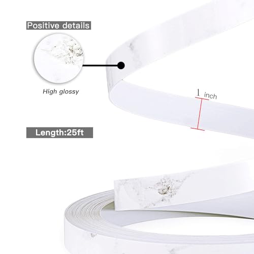 PVC Edge Banding 1" x 25ft Non Glued White Marble Edge Banding High Glossy Edge Banding for Table Cabinet - color: Bright marble Non&Adhesive, size: 1 Inch