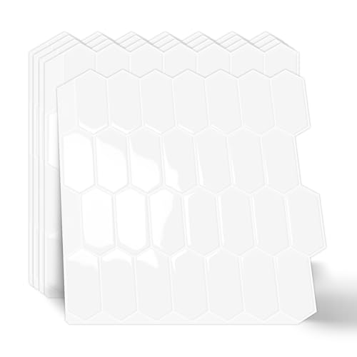 10-Sheet Long Hexagon Peel and Stick Kitchen Backsplash Tiles - color: White