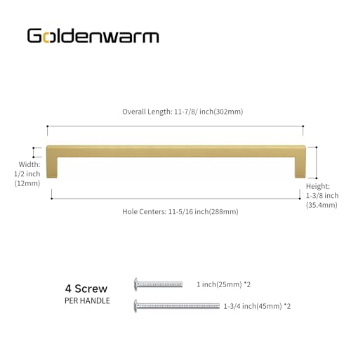 Goldenwarm Gold Cabinet Pulls Kitchen Cabinet Door Handle - LSJ12GD288 Brushed Brass Drawer Pulls 11-1/3 Inch Hole Center Modern Square Cupboard Handles Hardware Dresser Knobs 25 Pack - color: Gold, size: 11-1/3in Hole Centers