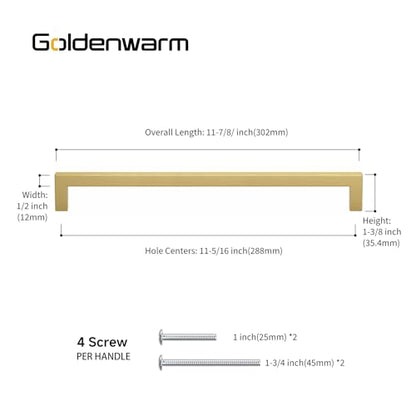Goldenwarm Gold Cabinet Pulls Kitchen Cabinet Door Handle - LSJ12GD288 Brushed Brass Drawer Pulls 11-1/3 Inch Hole Center Modern Square Cupboard Handles Hardware Dresser Knobs 25 Pack - color: Gold, size: 11-1/3in Hole Centers