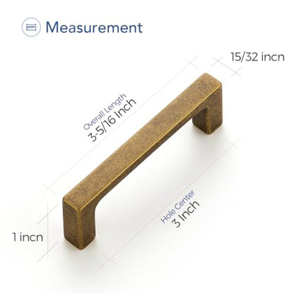 Ravinte Antique Brass Cabinet Handles Solid Square Pulls 3 Inch 10 Pack - size: 3 Inch Hole Center