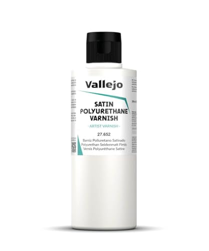Vallejo - Polyurethane Varnish | Satin Finish 200 ml. (6.76 fl.oz.) | Extraordinary Hardness & Permanence | Create a Perfect Clear Coat | Scratch Resistant for Outdoor and Indoor Surfaces - style: Satin 200 ml. (6.76 fl.oz.)