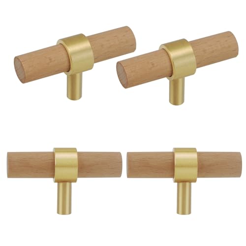 Adjustable Drawer Pulls Natural Wood and Brass Cabinet Handles for Kitchen Cupboard Closet,4Set Boho Wood and Gold Dresser Knob Unfinished DIY Brushed Brass Base Single Hole 4Pack - size: Single Hole 4Pack