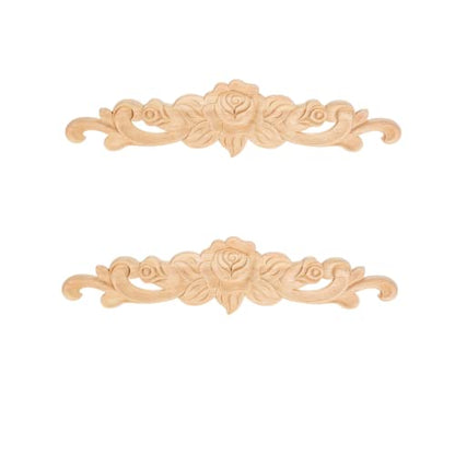 2Pcs Wood Carved Appliques Rose Wooden Carving Onlays Decals for Furniture - size: 20x5cm/7.87"x1.97"