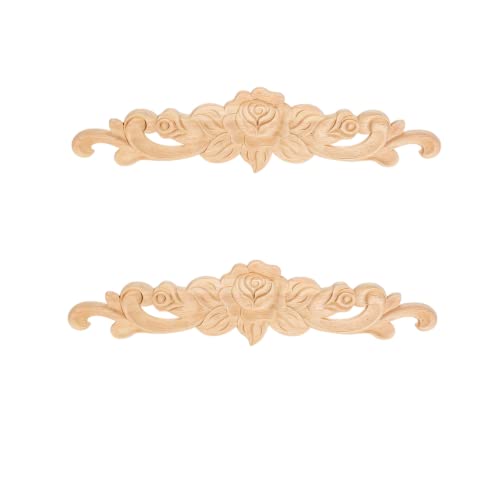 2Pcs Wood Carved Appliques Rose Wooden Carving Onlays Decals for Furniture - size: 20x5cm/7.87"x1.97"