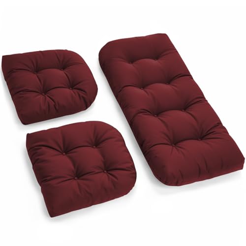 All Weather Waterproof Wicker Chair Cushions of 3 Pieces, Outdoor Wicker Chair Cushion for Patio Furniture Loveseat Settee Bench, 1 Loveseat and 2 U-Shaped Thickened Cushions, Red - color: Red