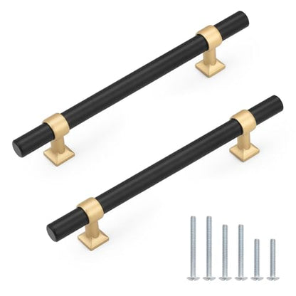 Black & Champagne Cabinet Pulls 5 Inch Hole Centers T Bar 10 Pack - color: Black with Champagne Gold Base, size: Hole Centers: 5inch