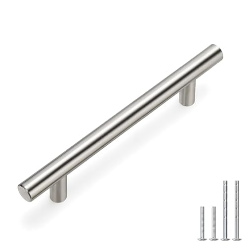 homdiy 20 Pack Brushed Nickel Round Bar Cabinet Pull Drawer Handle Stainless Steel Modern Hardware for Kitchen Cabinet Cabinets and Dresser Drawers, 4in Center to Center 201SN - color: Brushed Nickel, size: 4in hole centers