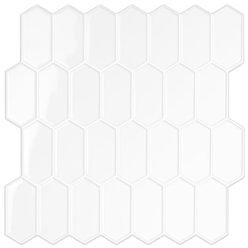 Peel and Stick Tile for Kitchen, Thicker Design 3D Self -Adhesive Long Hexagon Wall Tile Backsplash, White 10-Sheet 12"x12" Stick on Tiles, Peel and Stick Wall Tiles for Kitchen - color: White