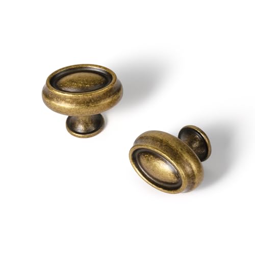 Antique Brass Cabinet Knobs, Set of 12, Oval Double Ring Detail - color: Antique Brass