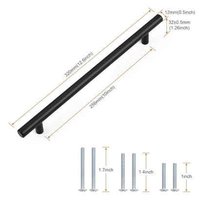 Probrico 30 Pack Hole Centers 10inch Matte Black Kitchen Cabinet Pulls, Stainless Steel Dresser Drawer Handles, 12.6inch Length Pull Handle for Cabinets and Closets - size: Center to Center: 10 inch