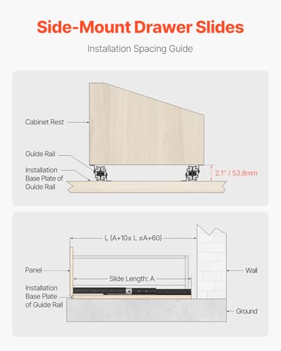 VEVOR Undermount Heavy Duty Drawer Slides, 16 24 32 40 Inch 260 lb Load Capacity Full Extension Ball Bearing Under Stair Cabinet Rails, Bottom Stair Cabinet Glides Track Runners(24inch, Black) - size: 24 Inch