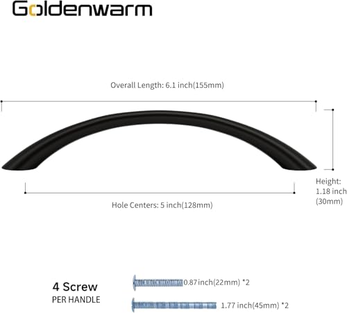 Goldenwarm Curved Cabinet Handles, 5 Inch 25 Pack Black Drawer Pulls, Solid Zinc Alloy Hardware for Dresser Drawer, Smooth Edge and Screws Included - color: Matte Black, size: 5 inch hole center