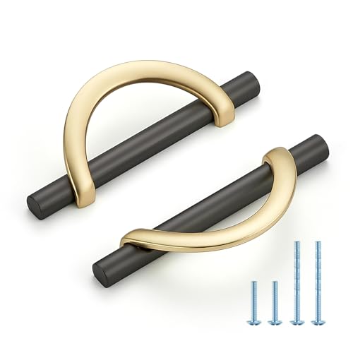 HOME EDIT Brushed Gold & Grey Cabinet Pulls Curved 3-3/4 Inch/96 mm 10 Pack - color: Brushed Brass & Pearl Grey, size: 3-3/4 Inch Hole Center